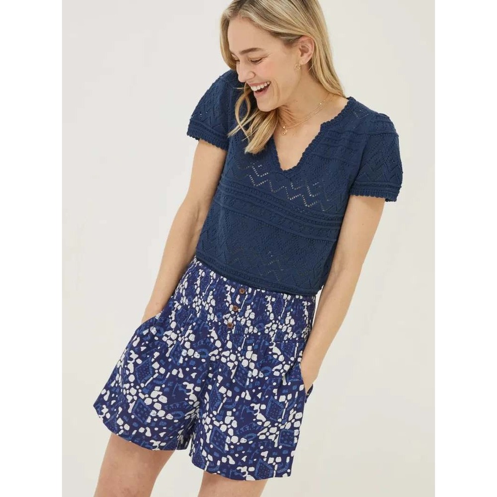 Fat Face Blue Crochet Knit V Neck Top Coastal Resort Boho Summer Cover Up